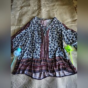 Democracy Floral Lace-Up Blouse - Blue and White